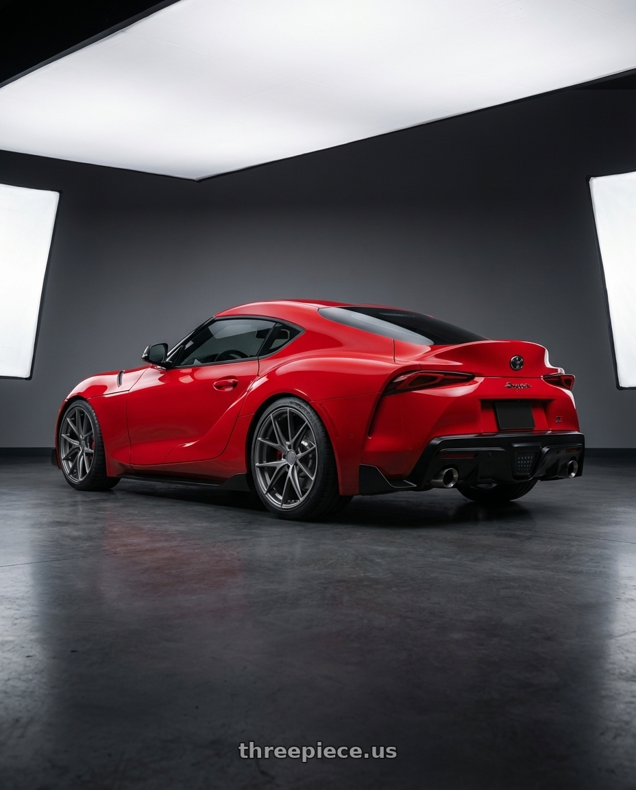 2023 Toyota GR Supra with Niche 1PC M116 MISANO 5X112 19X9.5 +38 MATTE GUN METAL wheels rear three quarter view square tires