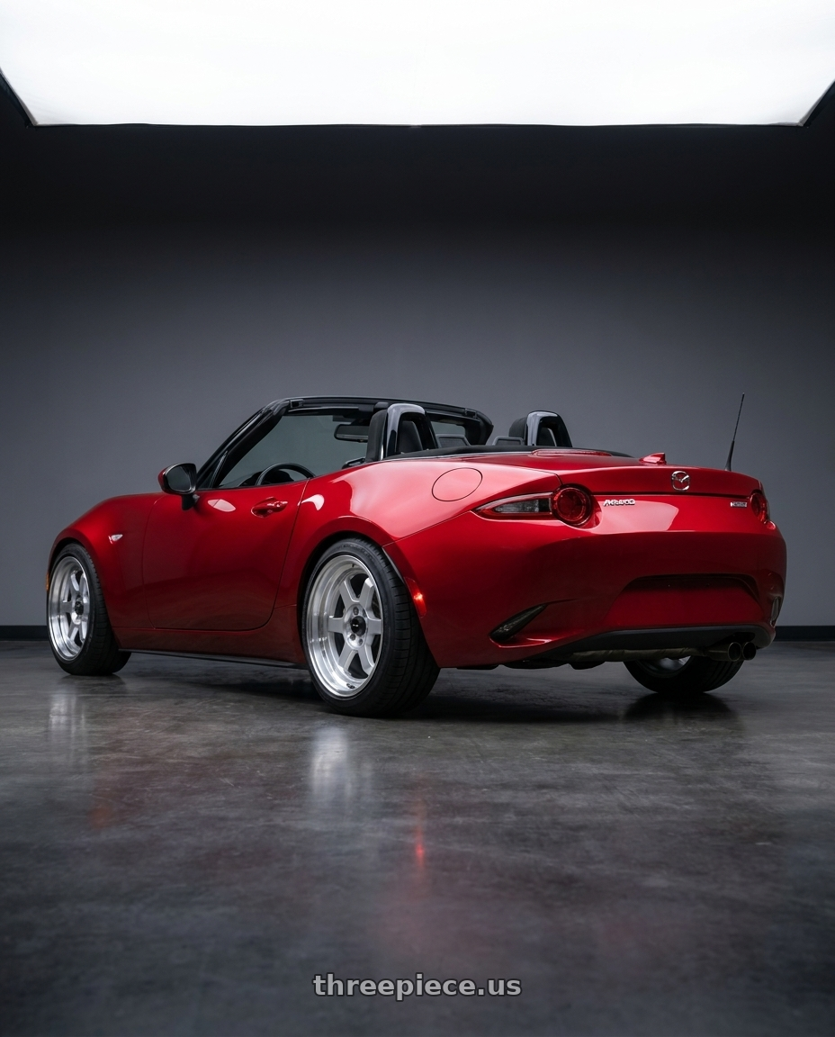 2016 Mazda Miata with Vors TR7 4x100/4x114.3 16x8  +20 Silver Machine Face Lip wheels rear three quarter view square tires