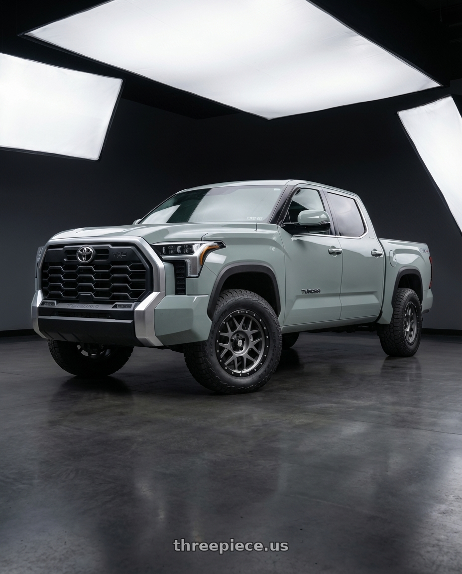 2024 Toyota Tundra with XD XD127 BULLY 6X139.7 20X9 +18 MATTE GRAY BLACK RING wheels front three quarter view stock stance