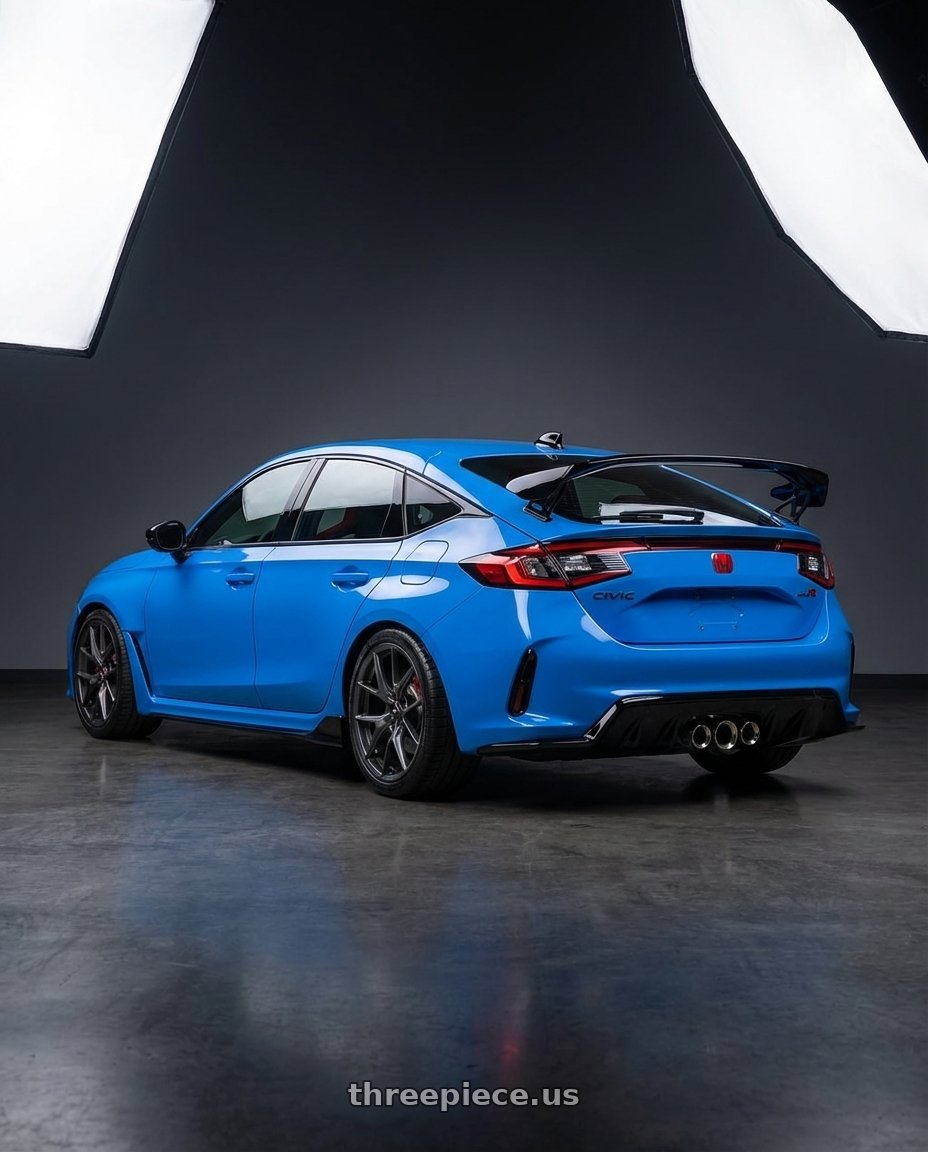 2024 Honda Civic Type R with Konig Ampliform 5x120 19x10+28 Dark Metallic Graphite wheels rear three quarter view square tires