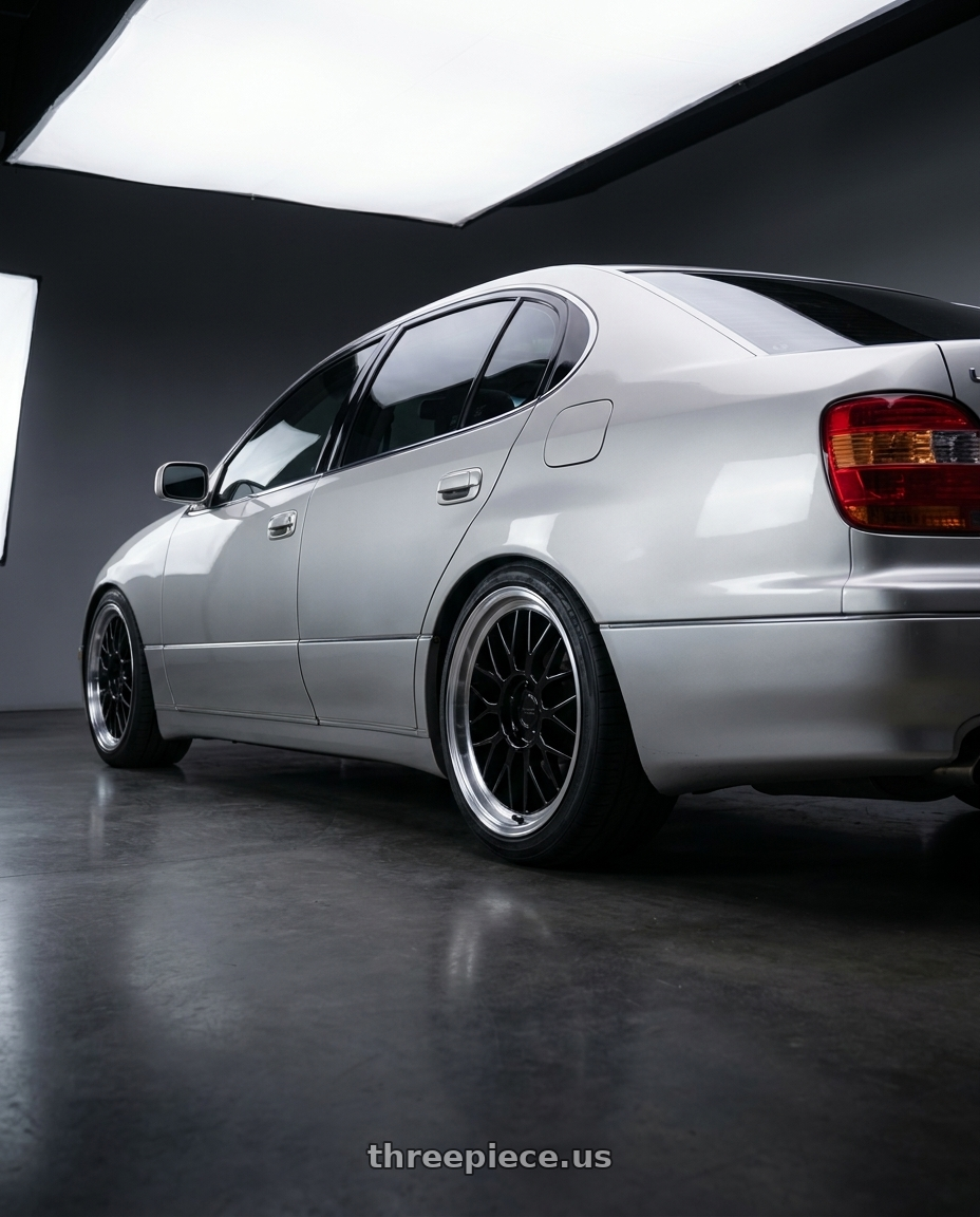 2002 lexus gs430 with KATANA RACING KR06 5x114.3 18x8 +40 Glossy Black Machined Lip wheels rear three quarter view square tires