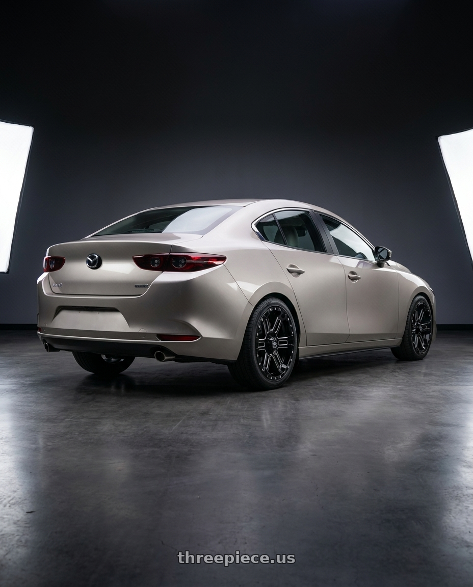 2023 46v Mazda Mazda3 with Enkei Commander 6x135 18x8.5+25 Black Machined wheels rear three quarter view square tires