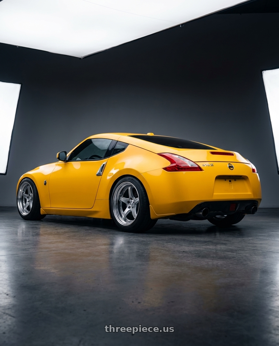 2017 Nissan 370z with Work T5R 2P 5x114.3 19x9.0 +12 GT SILVER wheels rear three quarter view meaty tires