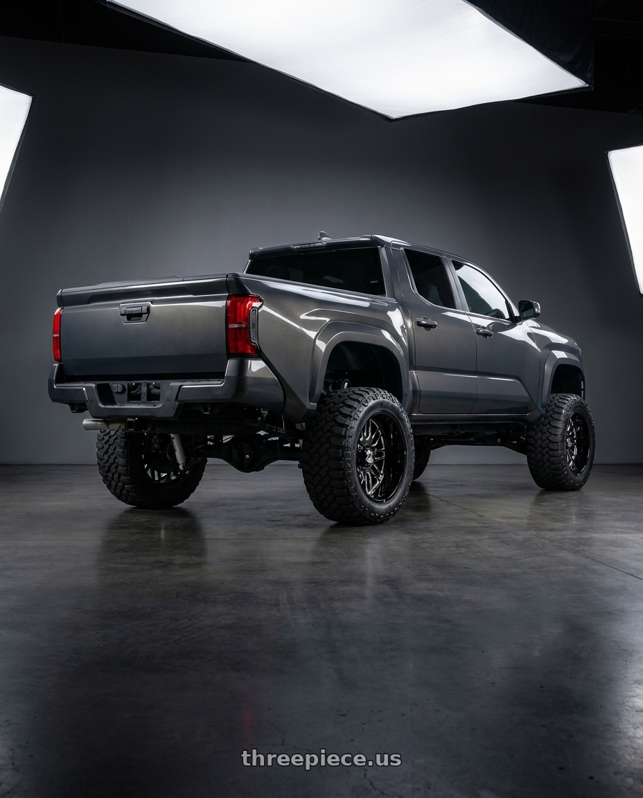 toyota tacoma 4th gen 2024 sr rwd with XF Dually XF-240 Dually 10x225 20x8.25 -202 Gloss Black & Milled wheels rear three quarter view meaty tires