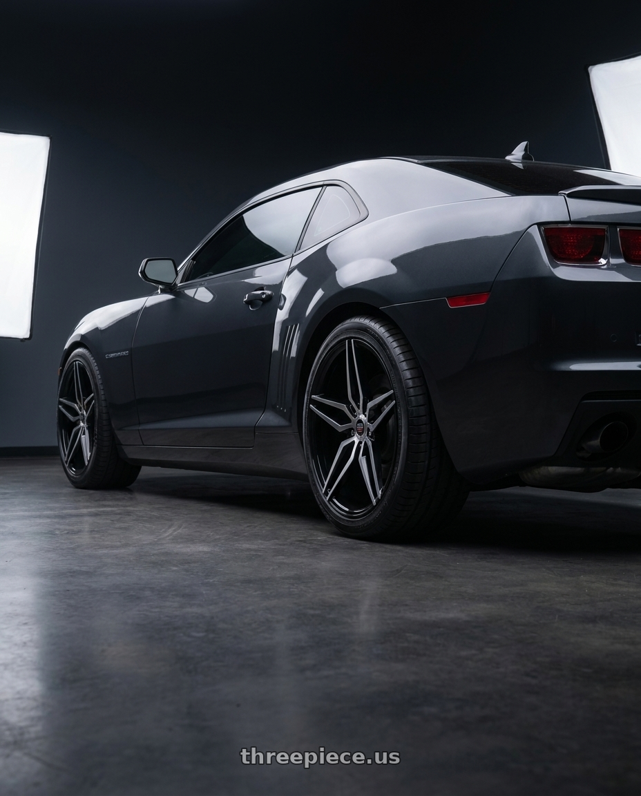 2013 Chevy camaro with Spec-1 SPM-81 blank 5x 22x10.5 +20 Gloss Black & Brushed wheels rear three quarter view square tires
