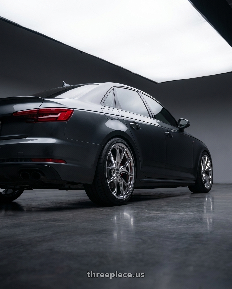 2019 Audi s4 with ESR Wheels RF2 5x112 19x9.5 +35 Vacuum Chrome wheels rear three quarter view square tires