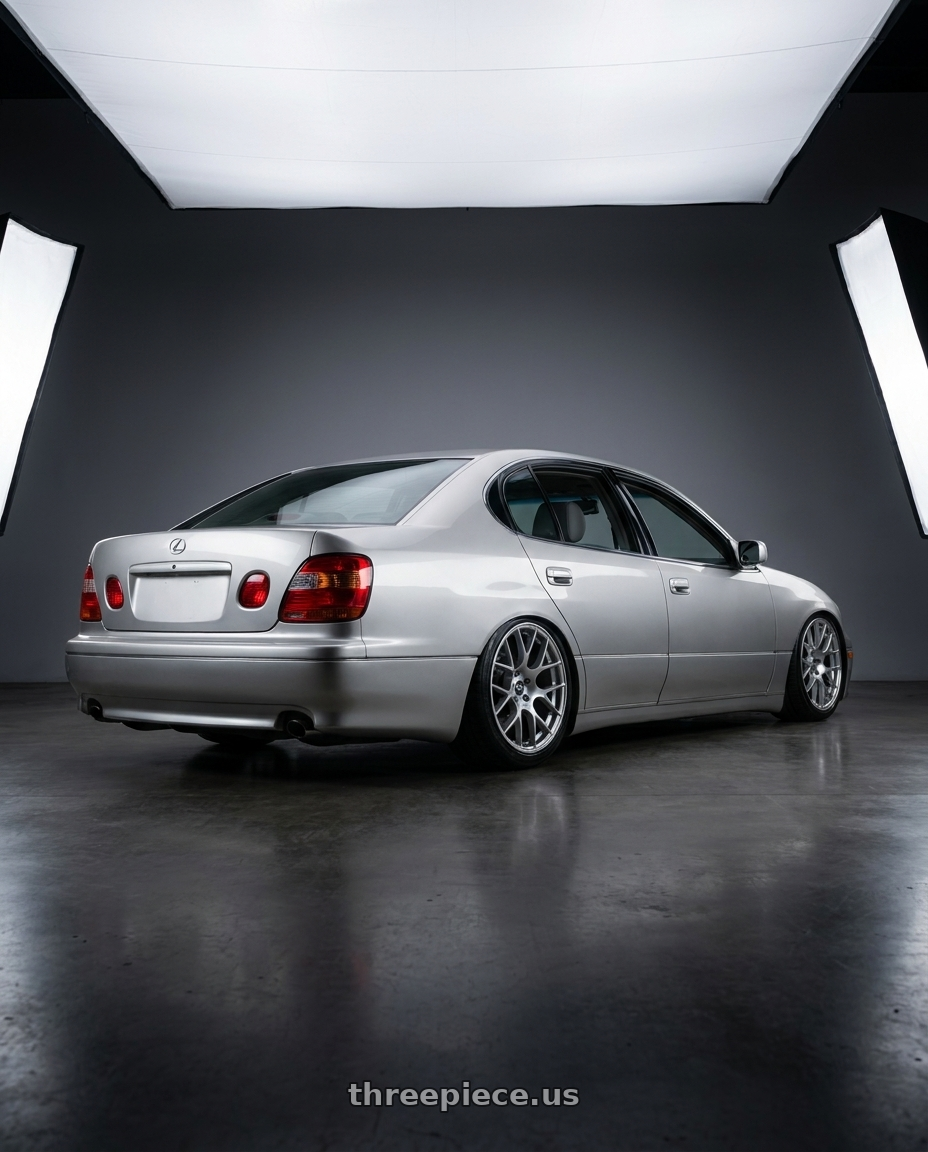 2001 Lexus gs300 with Enkei Raijin 5x114.3 18x9.5+35 Hyper Silver wheels rear three quarter view slight stretch tires