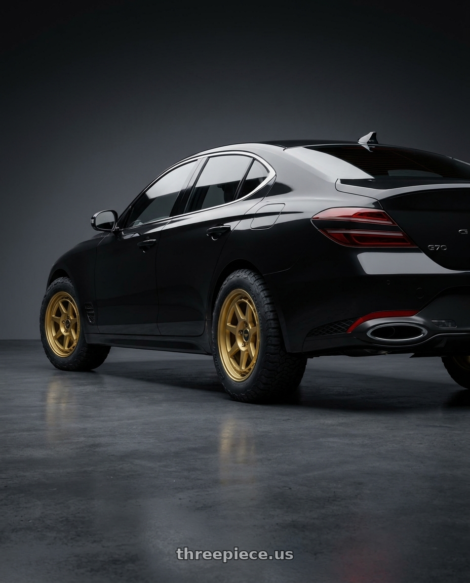 2023 Genesis G70 Sport Prestige, Victoria Black with Motegi MR154 BATTLE 5X114.3 18X9.5 +38 GOLD wheels rear three quarter view meaty tires