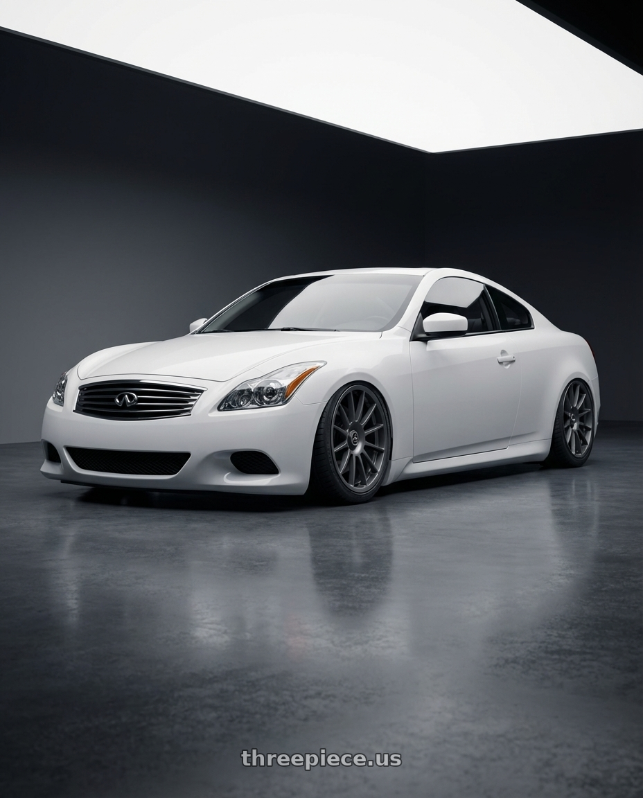 2014 Infiniti G37 Coupe with fifteen52 PODIUM 5x114.3 / 5x120 19x8.5 +35 FROSTED GRAPHITE (SATIN GREY) wheels front three quarter view stanced stance