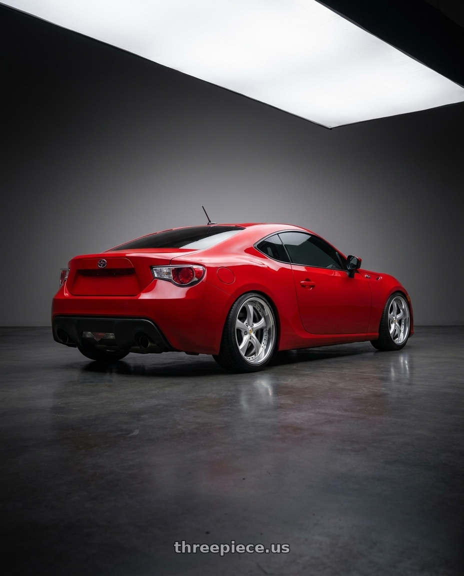 2013 Scion FR-S with Work Wheels VS-KF 5x100 18x7.5+40 Light Grey Silver O Disk FULL REVERSE wheels rear three quarter view slight stretch tires