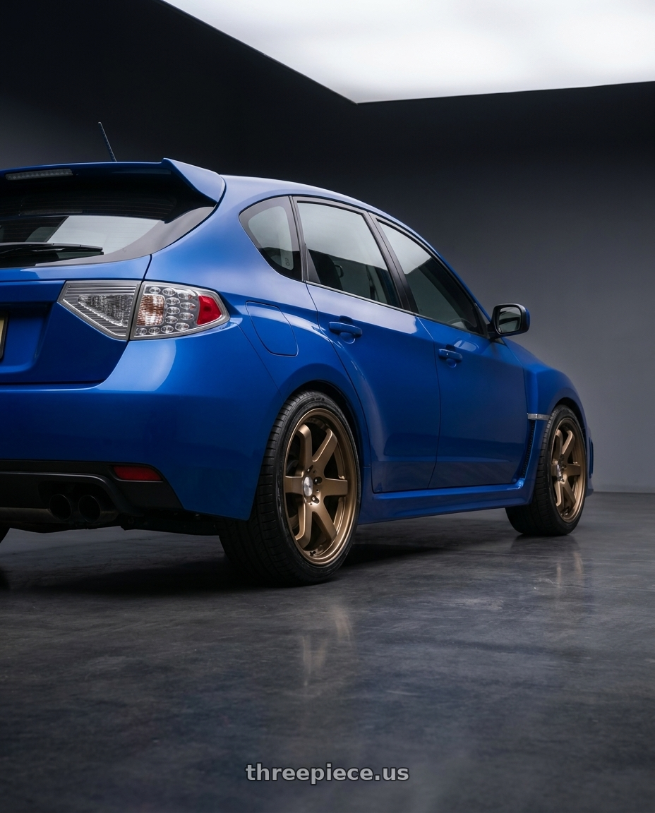 2011 Subaru WRX Hatchback with Axe ZX6 5x100 18X8.5+40 BRONZE wheels rear three quarter view square tires