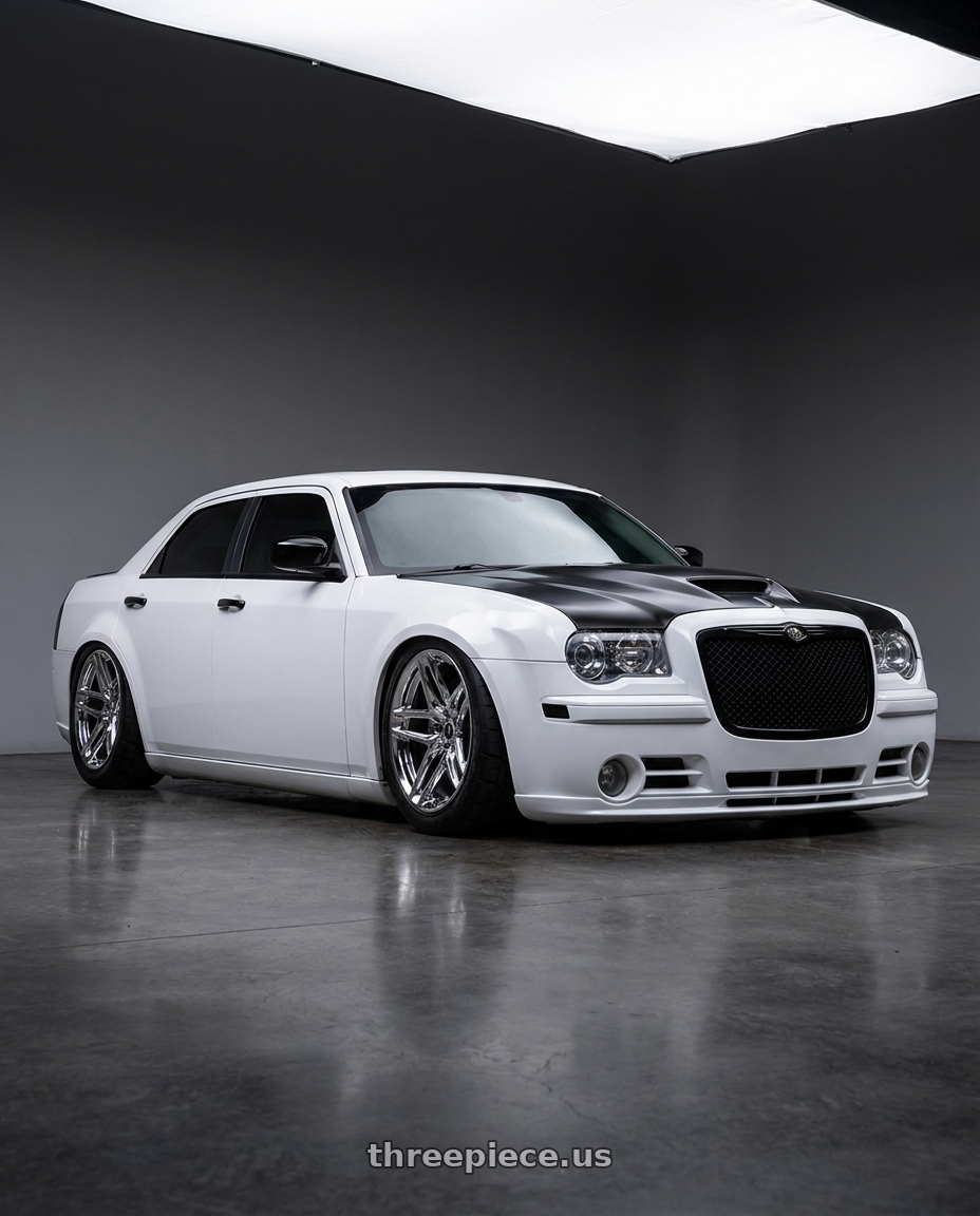2007 Chrysler 300 srt8 ice white with blacked out trim and black grill demon hood with HERITAGE WHEEL EBISU MONOC 5x115 20x9 +25 CHROME wheels