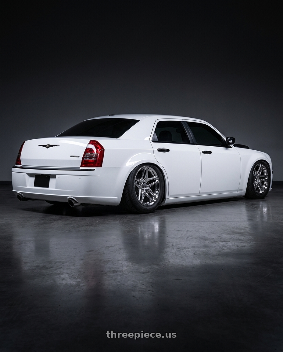 2007 Chrysler 300 srt8 ice white with blacked out trim and black grill demon hood with HERITAGE WHEEL EBISU MONOC 5x115 20x9 +25 CHROME wheels rear three quarter view meaty tires