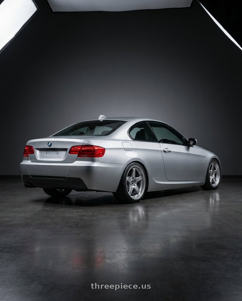 2012 BMW 3 Series E92 with ESR Wheels APEX SERIES AP5 5x120 18x8.5 +30 Hyper Silver wheels rear three quarter view square tires
