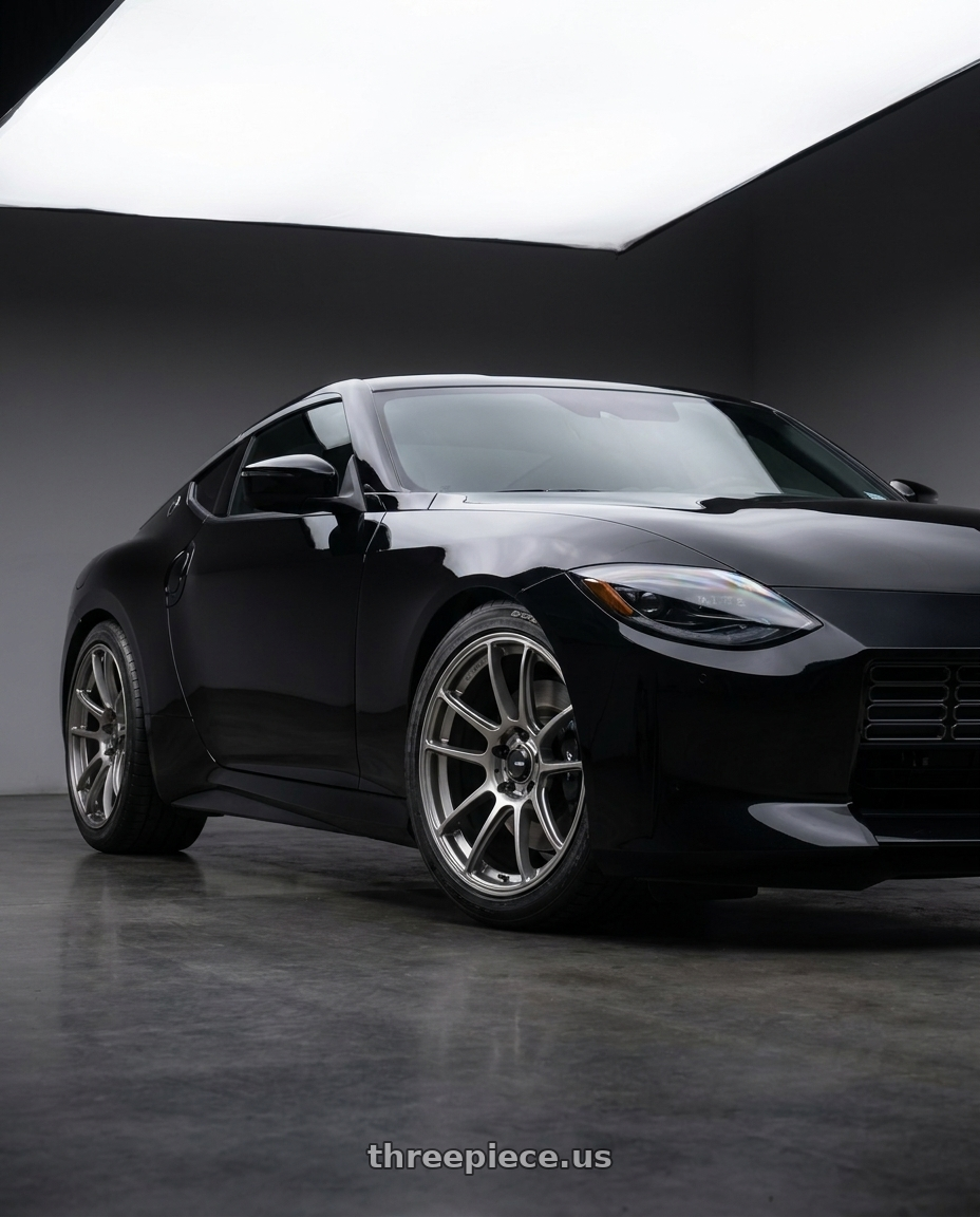 2024 Nissan Z black with Konig Heliogram 5X114.3 19x9.5+25 Titanium Metallic Knurled Bead Flow Formed wheels