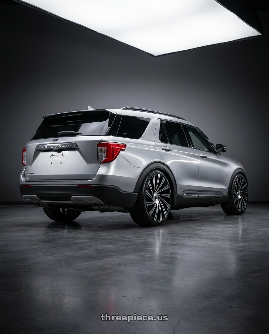 2020 ford explorer with Strada Tornado Blank 26x10 +15 Gloss Black Machined wheels rear three quarter view extreme stretch tires