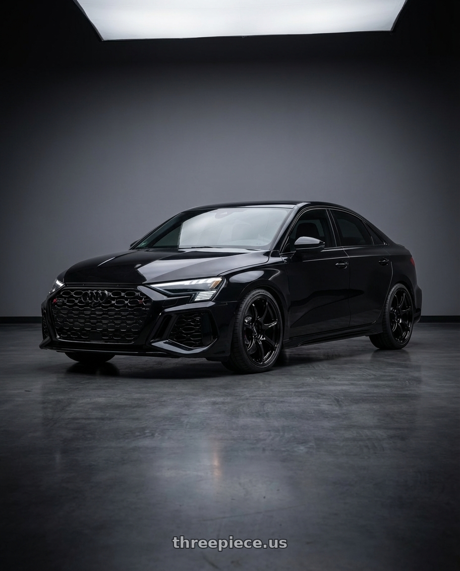 2022 Audi RS3 8Y with Advan RGIII 5x112 19x8.5+45 Gloss Black wheels front three quarter view lowered stance