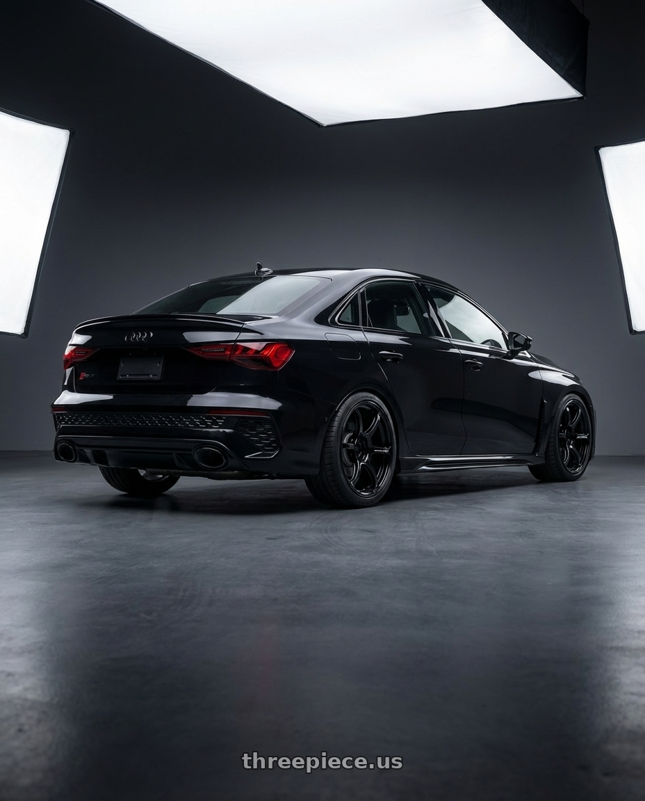 2022 Audi RS3 8Y with Advan RGIII 5x112 19x8.5+45 Gloss Black wheels rear three quarter view square tires