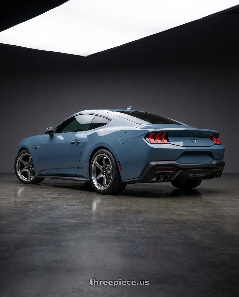 2024 Ford Mustang GT with Advan Racing GT BEYOND 5x114.3 19x9.0 +35 MACHINING & HYPER PLATINUM BLACK wheels rear three quarter view square tires