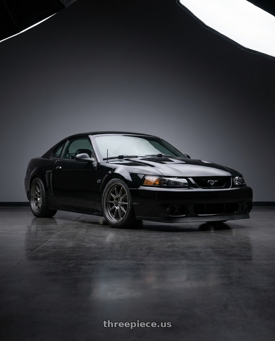 2002 Ford Mustang GT, Black with Kansei K13G Corsa 5x114.3 18x10.5 12 Gunmetal wheels