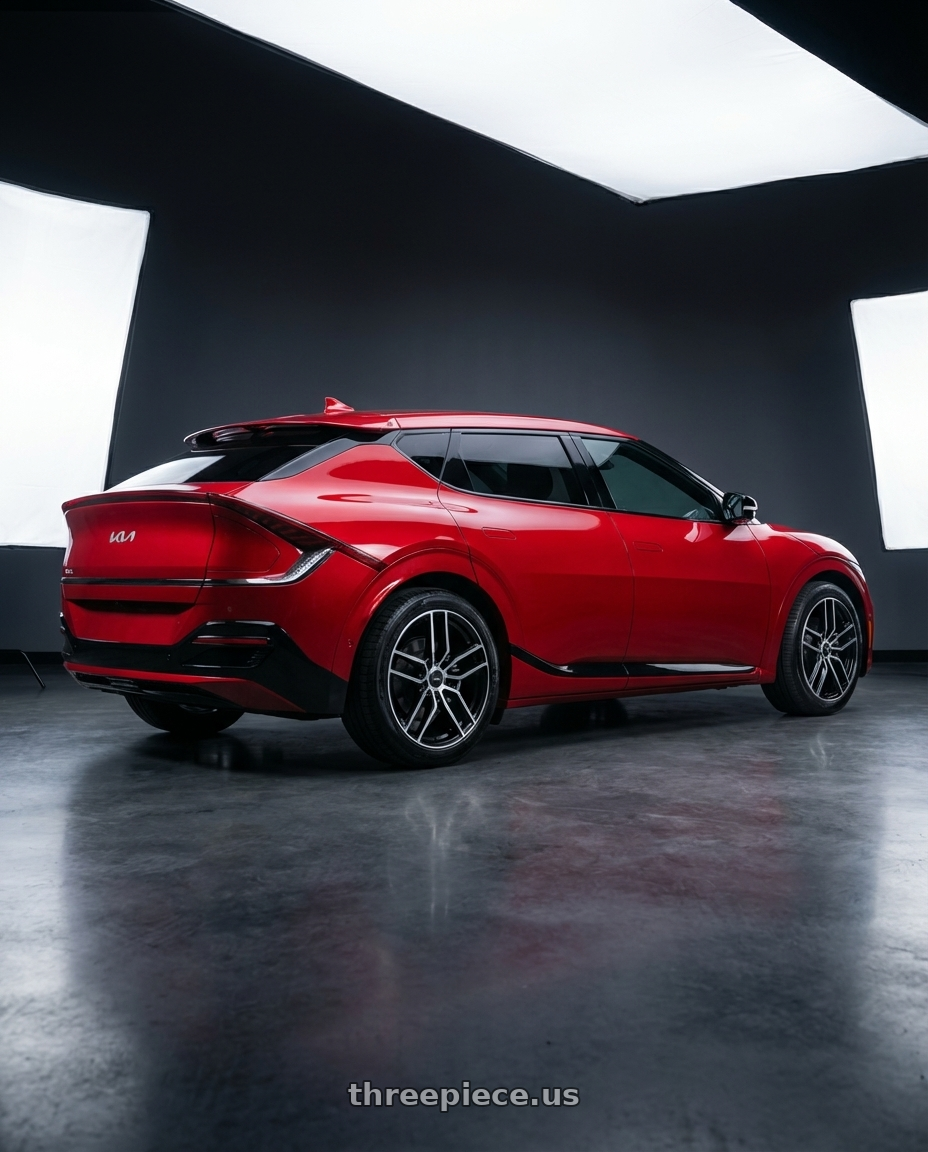 2024 kia ev6 with Konig Intention 5x114.3 20x8.5+40 Gloss Black / Machine Face wheels rear three quarter view square tires