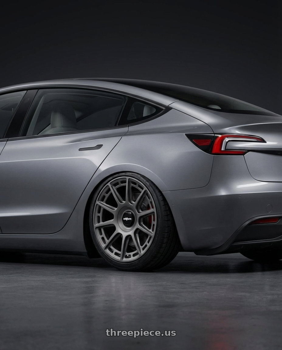 2025 Tesla model 3, grey with Rotiform 741 5x114.3 21x9 +32 MATTE ANTHRACITE wheels rear three quarter view square tires
