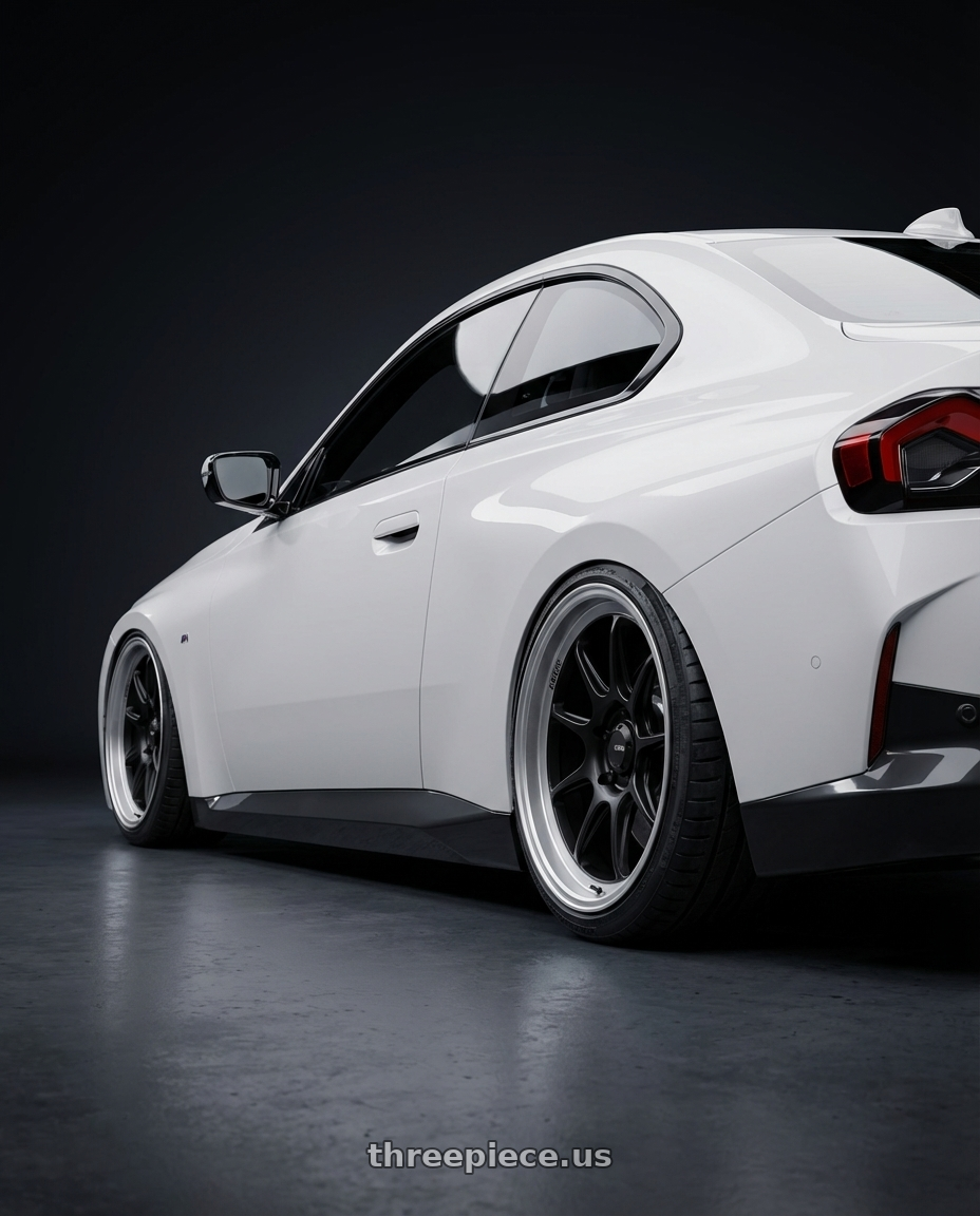 2024 BMW 2 Series G42 with Konig Countergram 5x112 19x9.5+30 Matte Black / Matte Machined Lip wheels rear three quarter view slight stretch tires