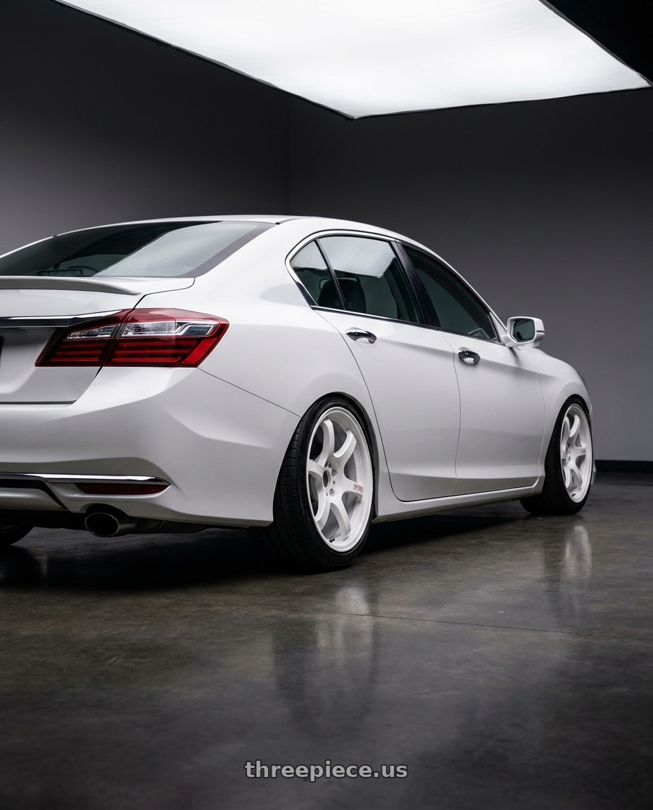 2016 Honda accord with Gram Lights 57DR 5x114.3 15x8 +28 WHITE wheels rear three quarter view slight stretch tires