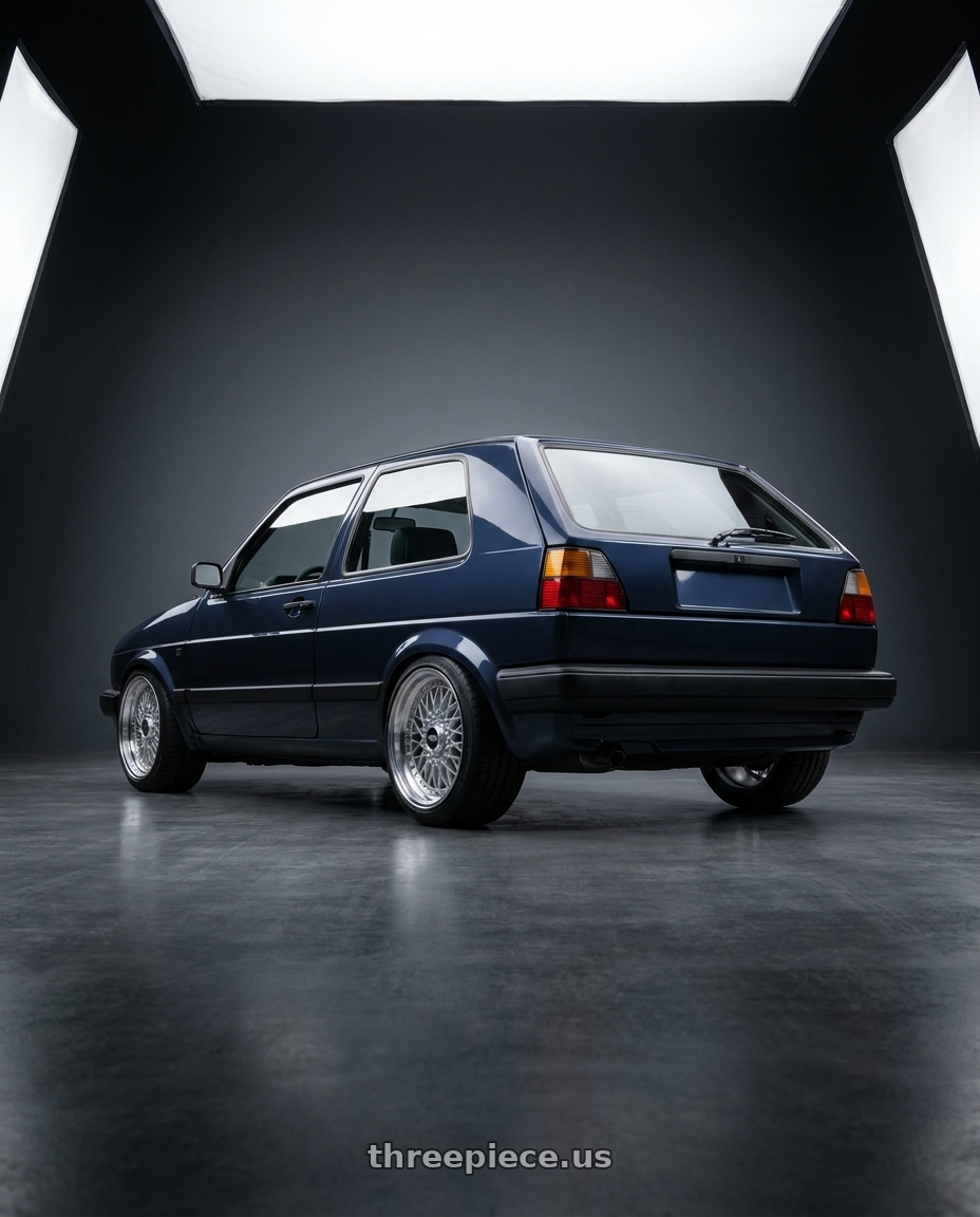 1990 vw golf mk2 hatchback , dark blue with Heritage Wheel HOKKAIDO-DIR wheels rear three quarter view square tires