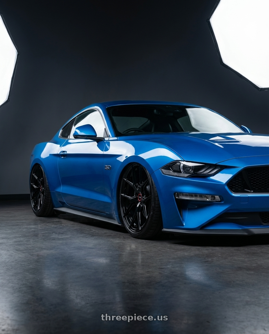 2022 Ford Mustang GT with Vossen HF-5 20x10.5 / 5x114.3 / ET45 / Deep Face / 73.1 -GB - Gloss Black Wheel - HF5-0N10 wheels front three quarter view stanced stance