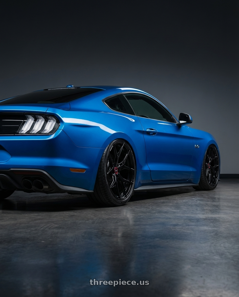 2022 Ford Mustang GT with Vossen HF-5 20x10.5 / 5x114.3 / ET45 / Deep Face / 73.1 -GB - Gloss Black Wheel - HF5-0N10 wheels rear three quarter view slight stretch tires