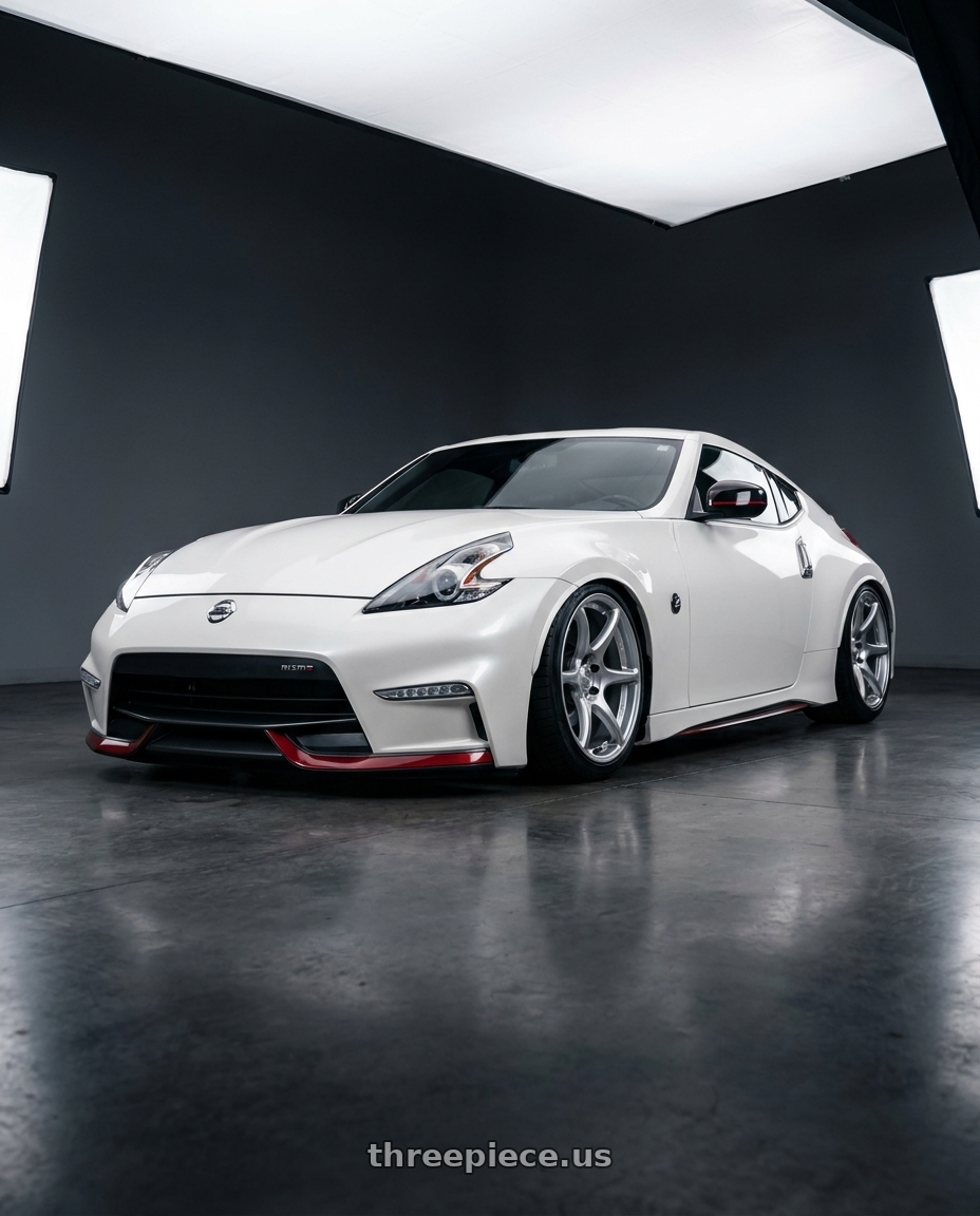 2016 Nissan 370z nismo v2 white with Kansei K11S Tandem 5x114.3 19x9.5 22 Hyper Silver wheels