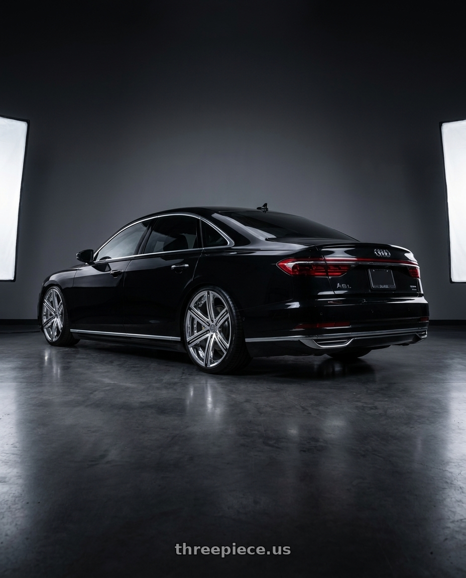 2019 Audi A8L with Blade Luxury RT-454 Sargon 6x135 24x9.5 +25 Chrome wheels rear three quarter view slight stretch tires
