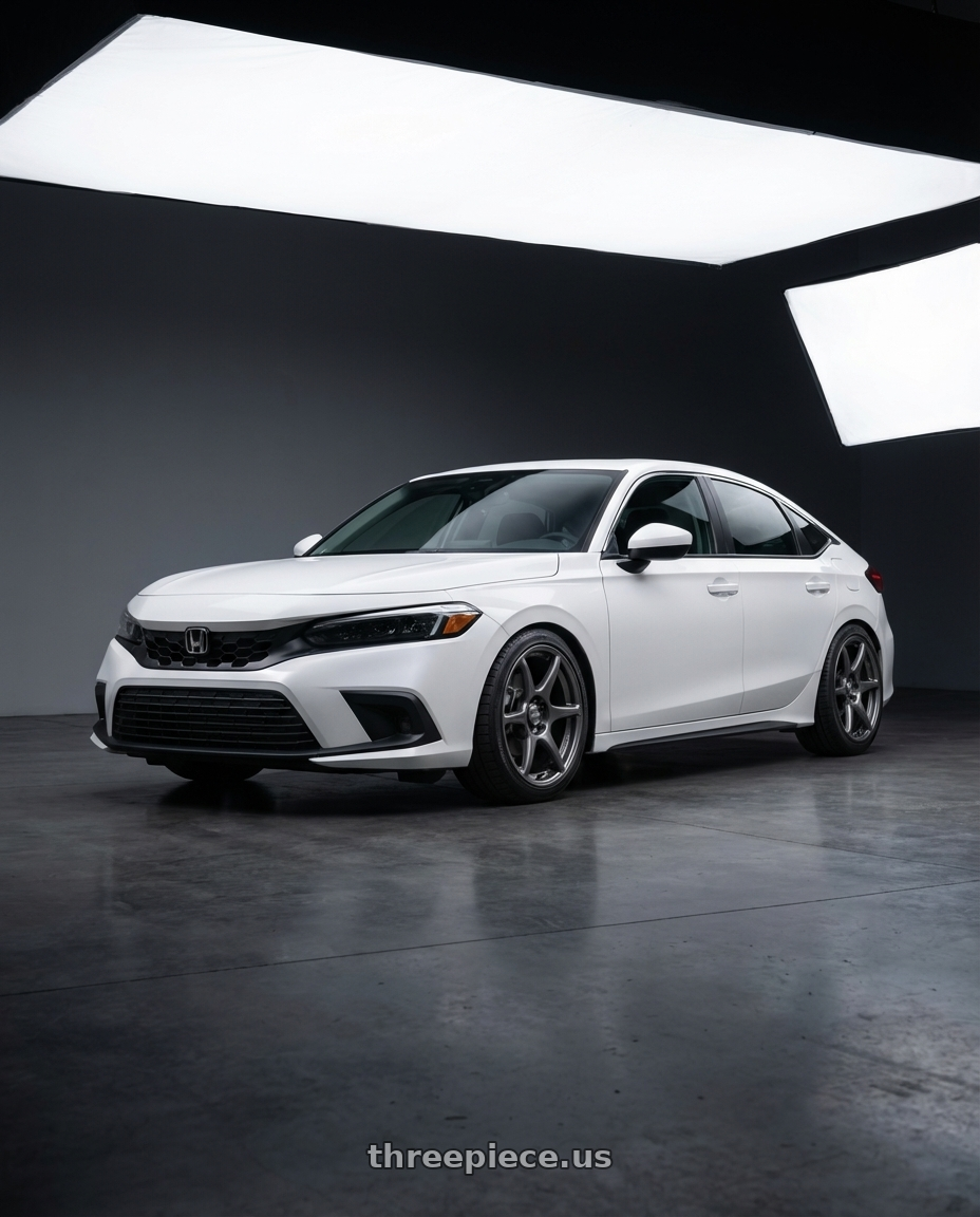 2024 Honda Civic with Kansei K11G Tandem 5x114.3 18x8.5 35 Gunmetal wheels front three quarter view lowered stance