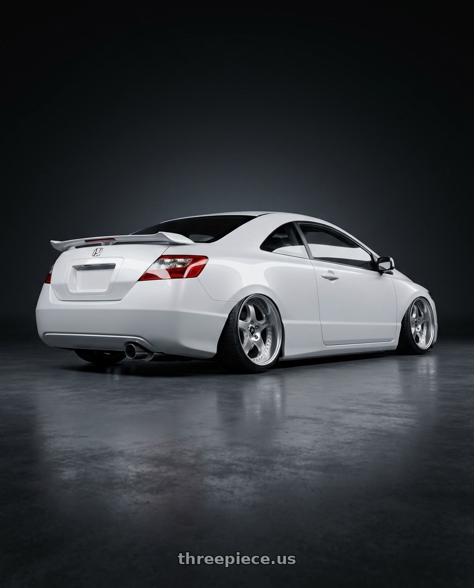 2009 honda civic with Work Vs-Xv 5x114.3 18x8+3 L Disk Silky Rich Silver wheels rear three quarter view extreme stretch tires