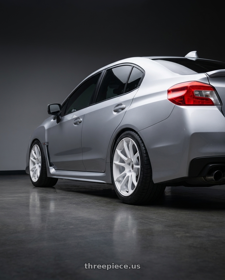 2015 subaru wrx with Gram Lights 57XR 5x114.3 18x9.5 +38 CERAMIC PEARL wheels rear three quarter view meaty tires