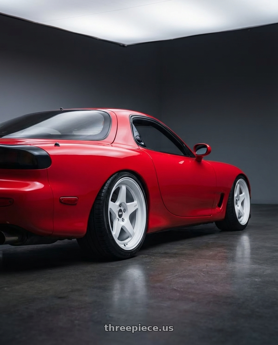 1993 Mazda rx7 with ESR Wheels CR SERIES CR5 5x100 18x8.5 +30 Gloss White wheels rear three quarter view slight stretch tires