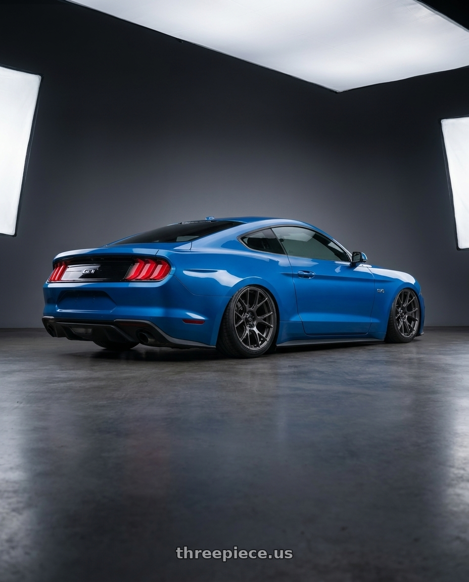 2022 Ford Mustang GT with Konig Ampliform 5x114.3 20x8.5+43 Dark Metallic Graphite wheels rear three quarter view slight stretch tires