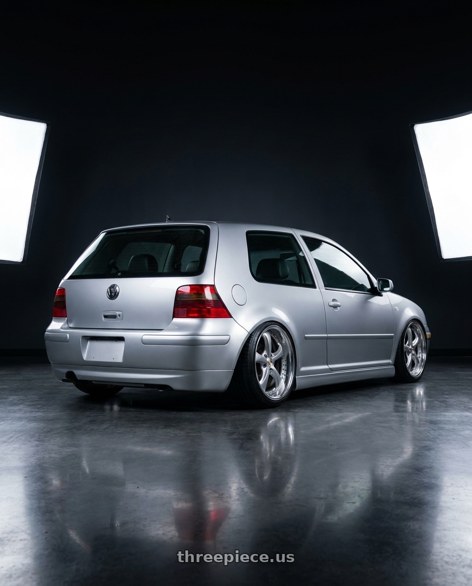 2002 VW gti 337  with Work Wheels VS-KF 5x100 18x8.5+34 Light Grey Silver A Disk FULL REVERSE wheels rear three quarter view slight stretch tires