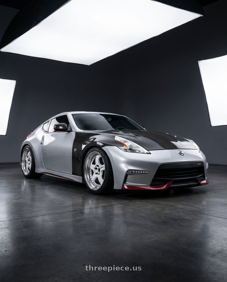 2016 Nissan 370z nismo silver with Work Meister S1 3P 5x114.3 18x9.5+35 L Disk White wheels