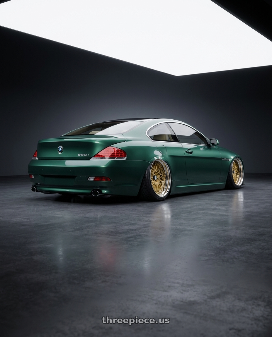 2006 BMW 650i with SSR Formula MESH 5x100 19X12.5+-3 MD Disk Fm Gold wheels rear three quarter view extreme stretch tires