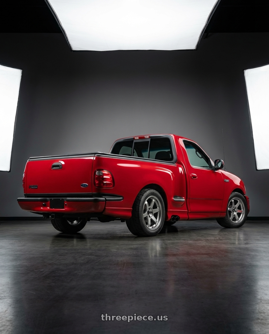 2000 Ford Lightning SVT with Volk Racing TE37SL 5x114.3 18x11 +18 TITANIUM SILVER wheels rear three quarter view meaty tires