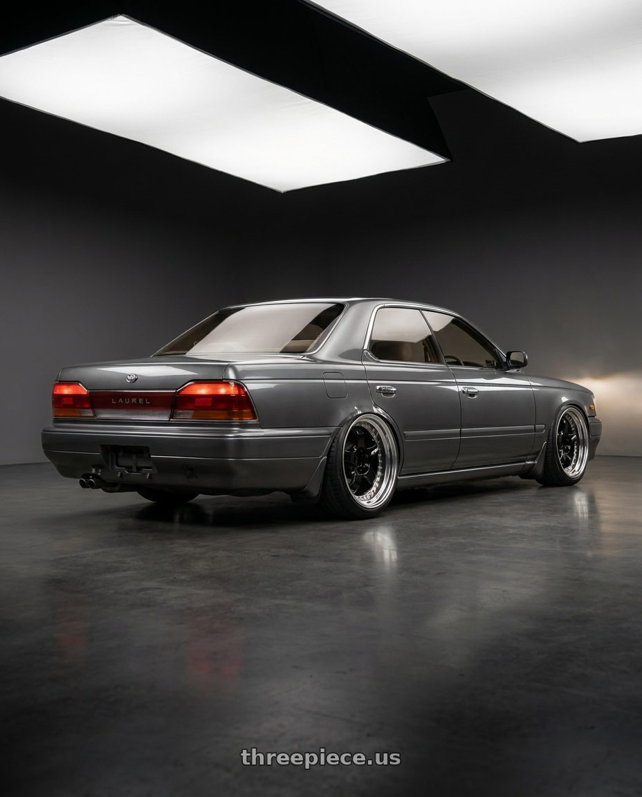 1995 Nissan laurel with Work Meister S1 3P 5x100 18x9+48 A Disk Black wheels rear three quarter view slight stretch tires