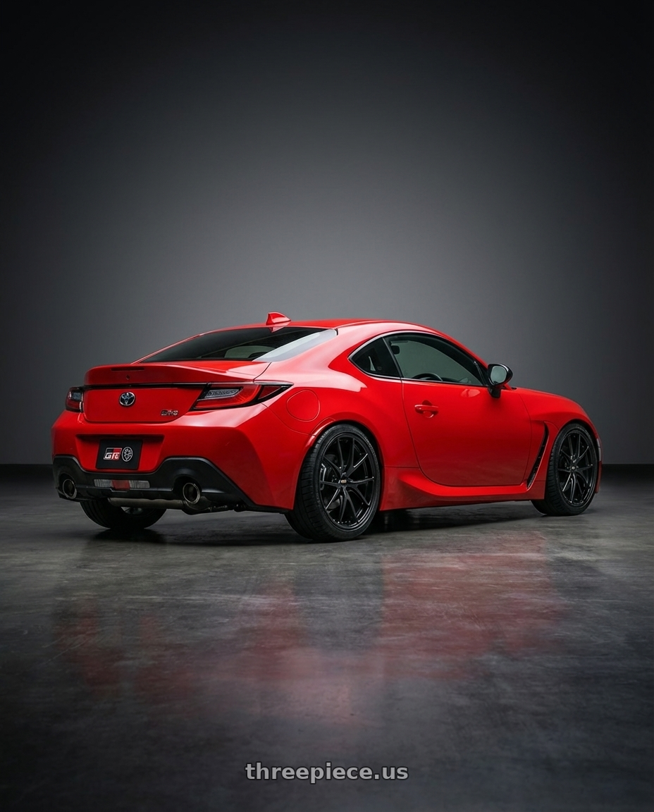 Toyota 2023 GR86 with BBS RI-A 5x120 18x10.5+25 Diamond Black wheels rear three quarter view square tires