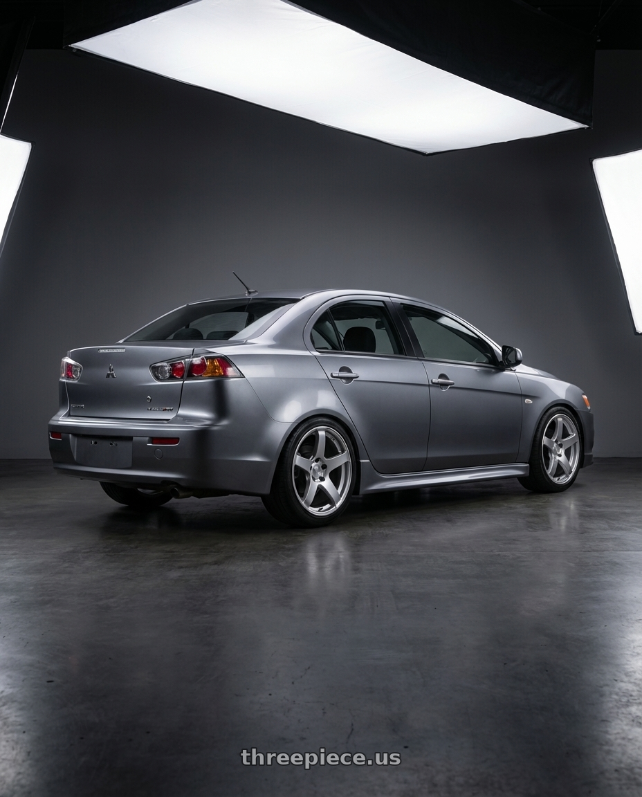 2014 Mitsubishi Lancer Ralliart with Ssr Gtv01 5x114.3 18x9+35  GLARE SILVER wheels rear three quarter view square tires