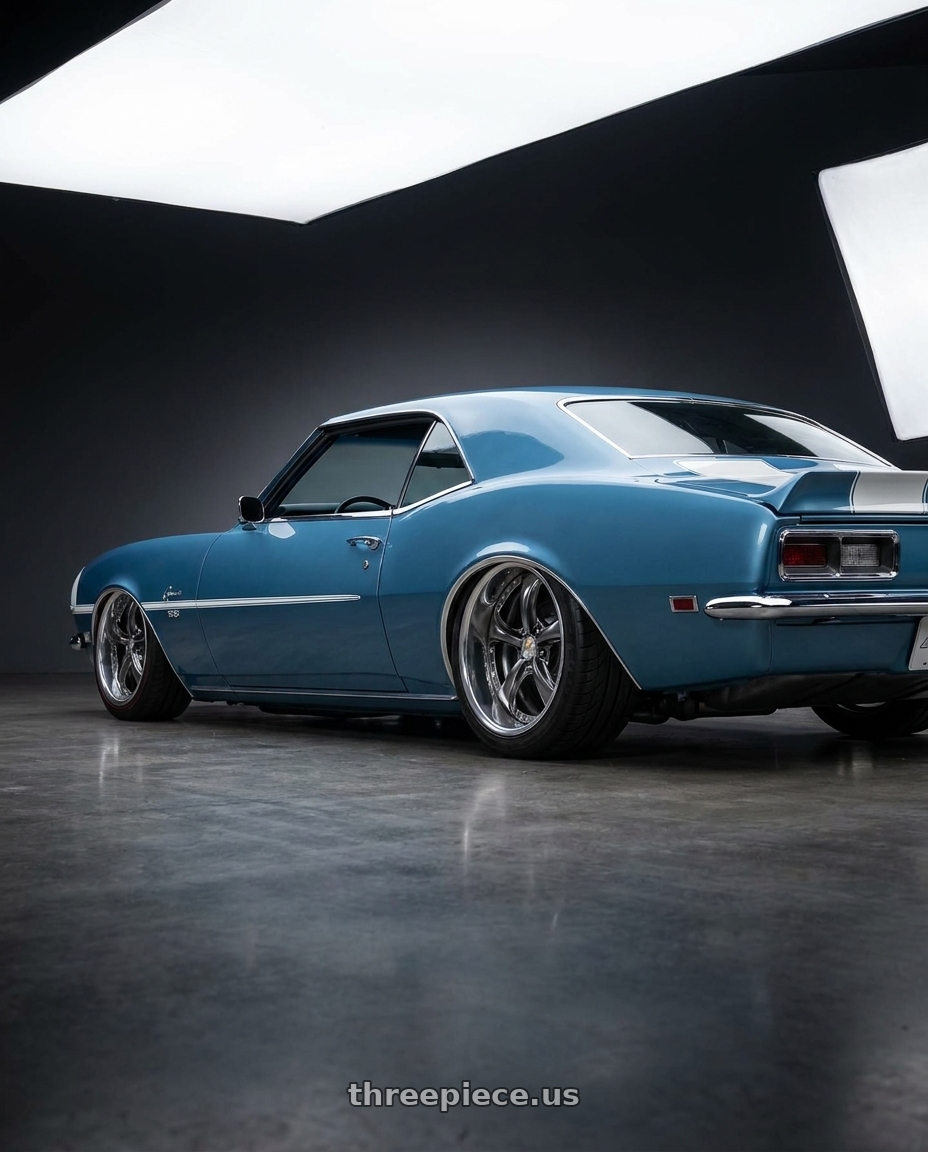 1968 chevrolet camaro  with Work Wheels VS-KF 5X114.3 19x8+2 Brilliant Silver Black A Disk FULL REVERSE wheels rear three quarter view extreme stretch tires