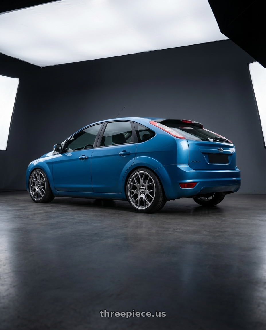 Ford Focus 2008 with BBS CH-R 5x112 18x8.5 +38 Satin Titanium Polished Rim Protector wheels rear three quarter view square tires