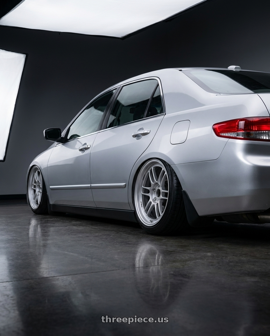 2005 Honda accord with Enkei RPF1 5x114.3 18x7.5+48 Silver wheels rear three quarter view slight stretch tires