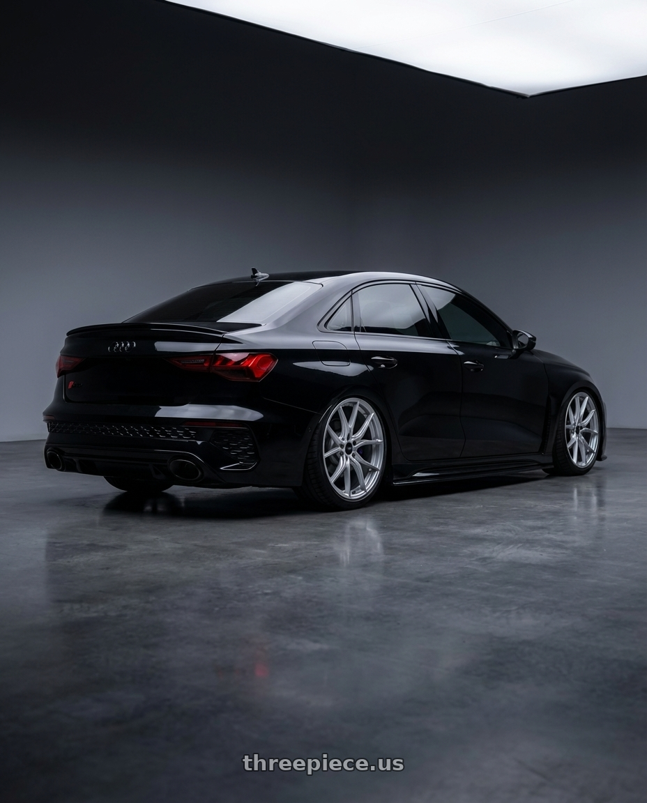 2022 Audi RS3 8Y with Advanti Racing 80S Hybris 5X112 19x9.5 +35 Silver with Machined Face wheels rear three quarter view slight stretch tires