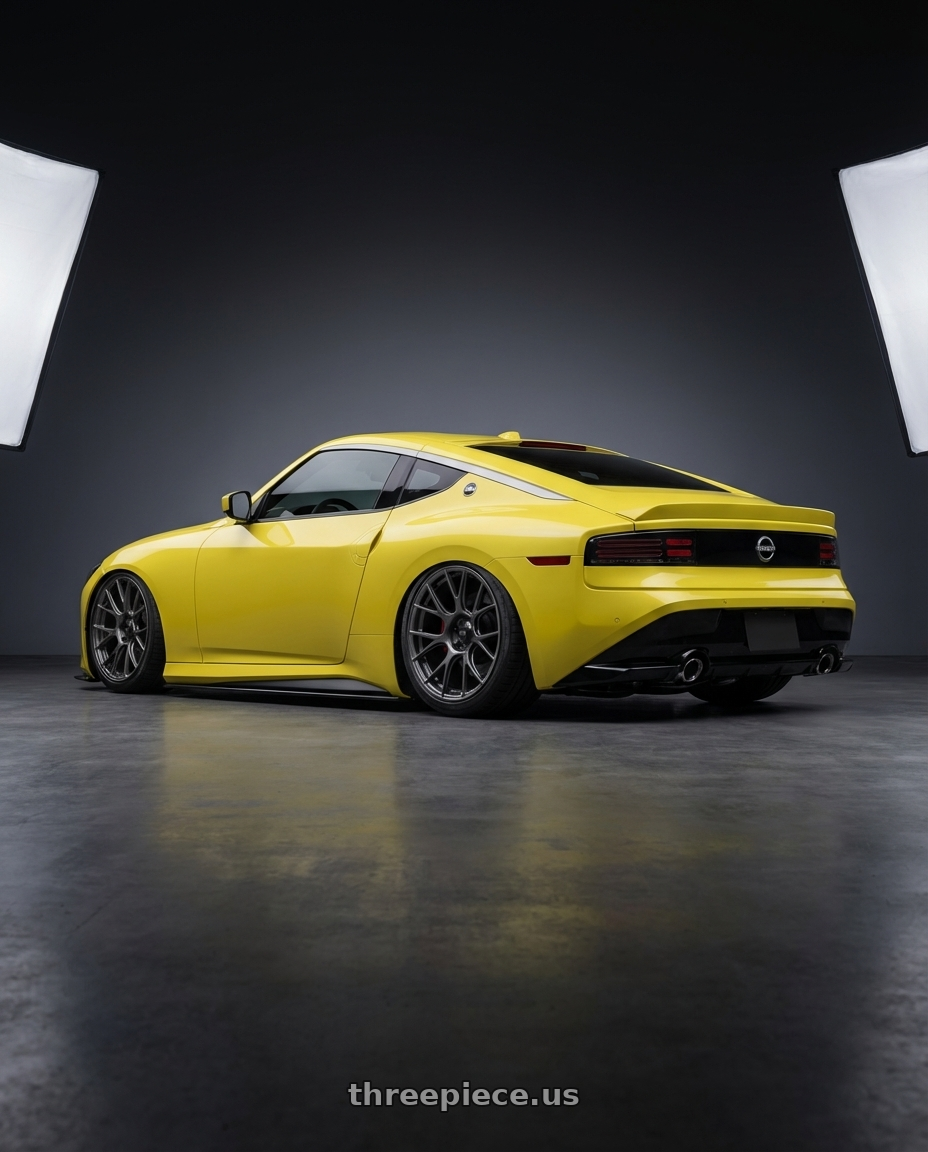 2024 Nissan Z with Konig Ampliform 5x114.3 19x9.5+25 Dark Metallic Graphite wheels rear three quarter view slight stretch tires